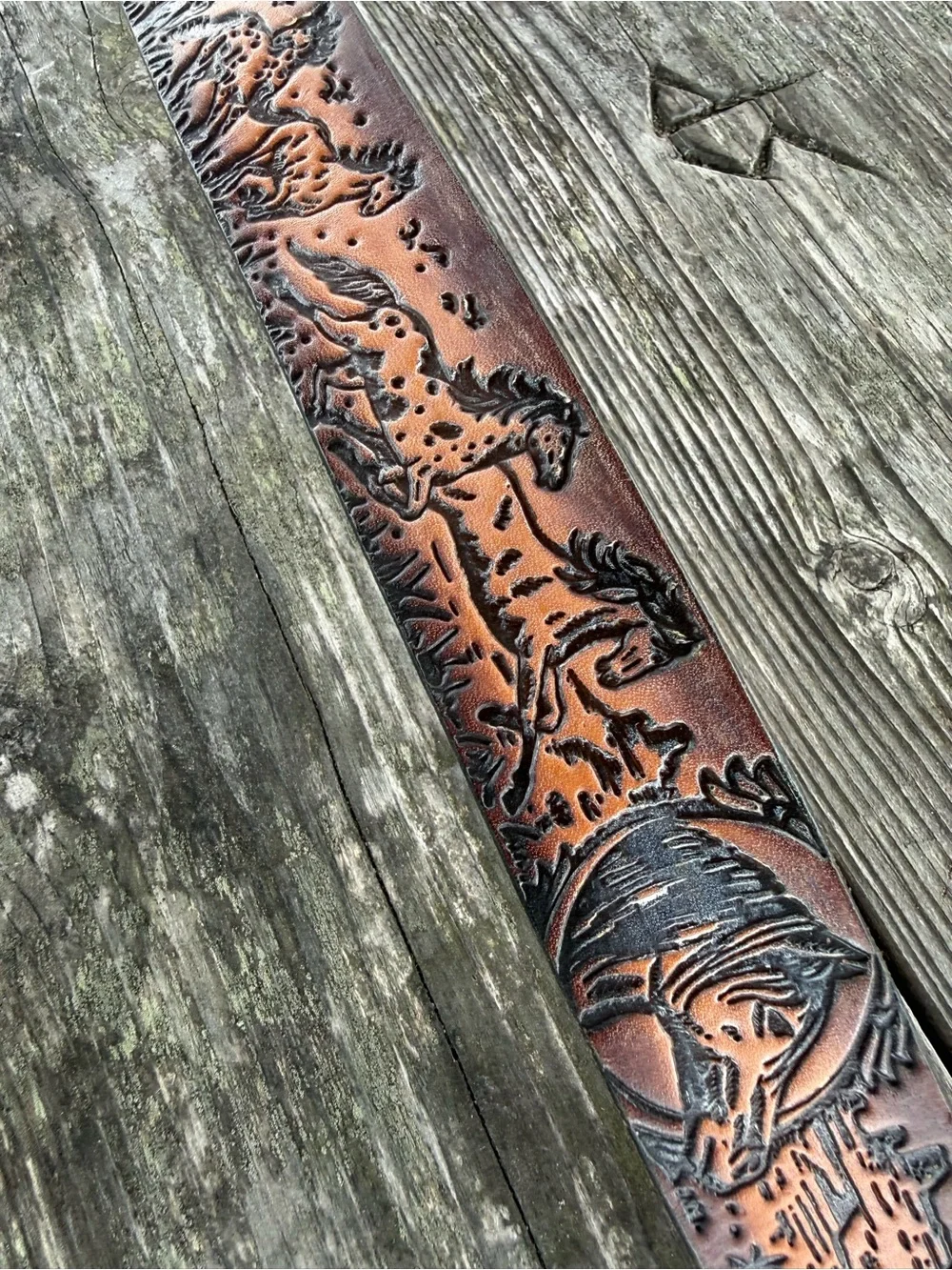 Hand-Tooled Brown Leather Men’s Belt with Horse Motif 44”